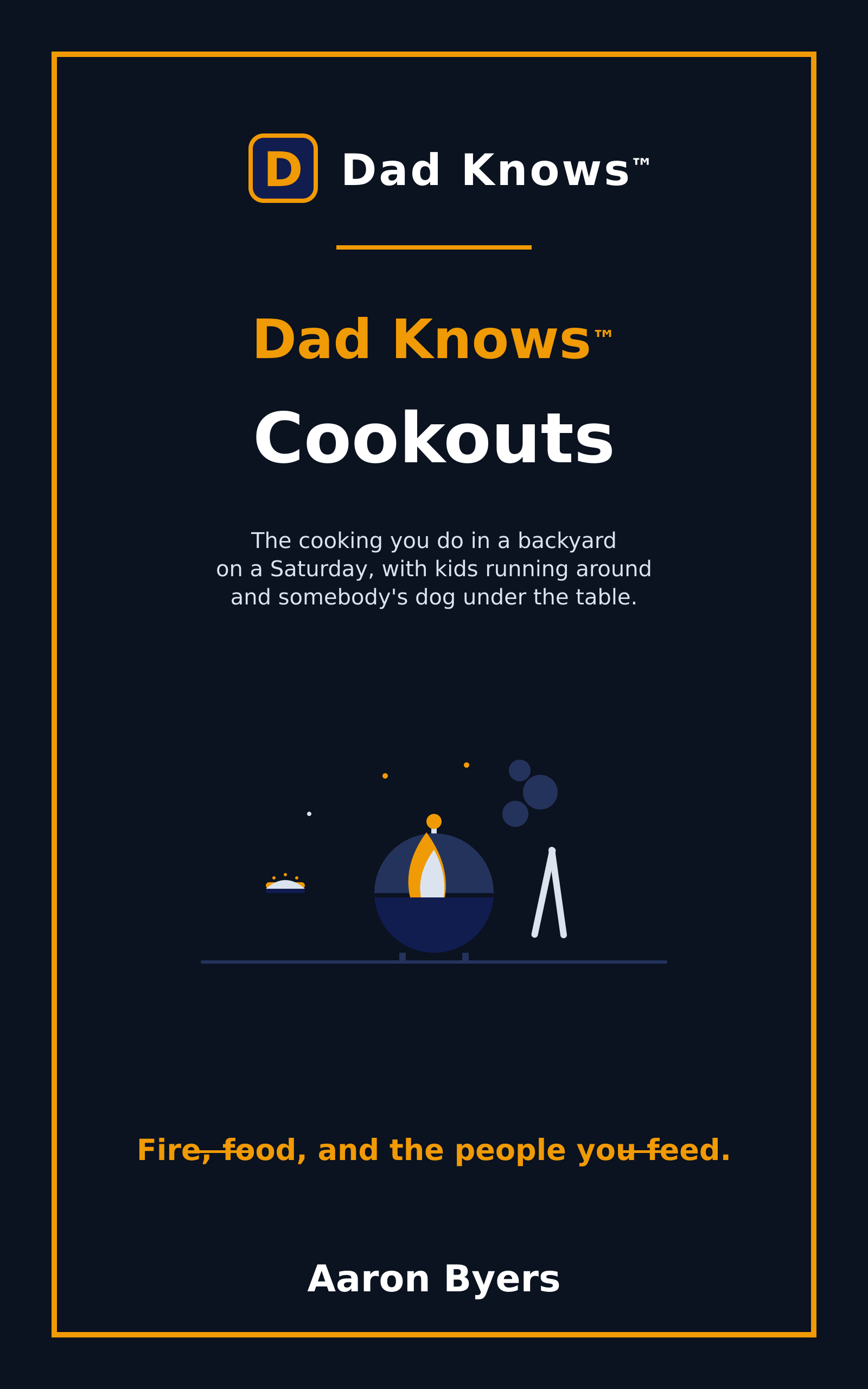 Dad Knows™ Cookouts ebook cover — navy with amber accents, a kettle grill with flames and smoke, a burger on one side and long-handled tongs on the other